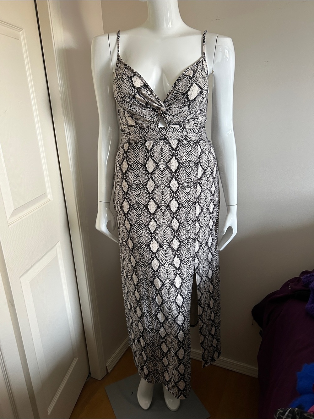 Guess Black & White Snake-Print Spaghetti Strap Maxi Dress, Size XL